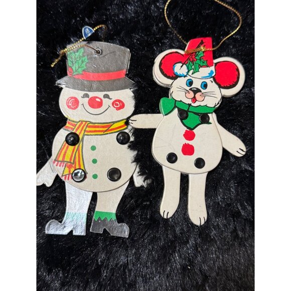 Vintage Snowman & Mouse Christmas Ornaments Japan Cardboard Jointed Moveable - Picture 2 of 6